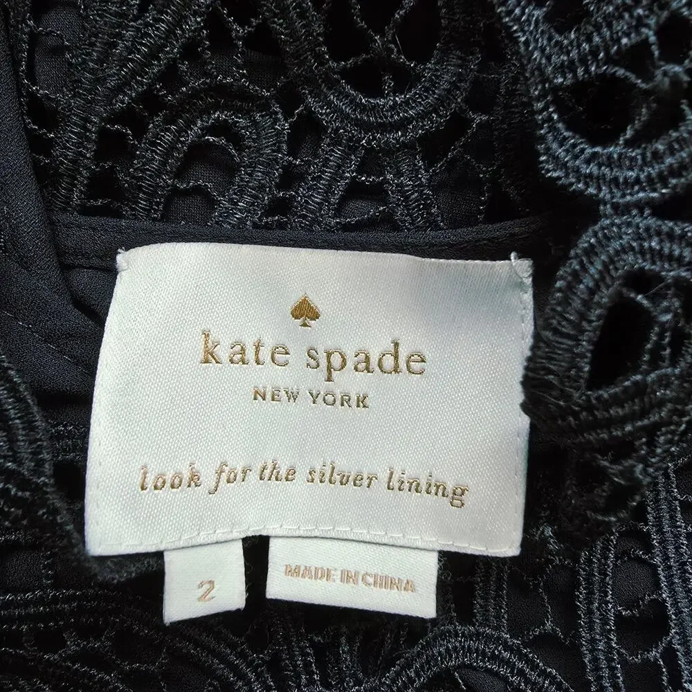 Kate Spade Macrame Black Lace Silk Midi Dress Belt Tie Women's Size 2